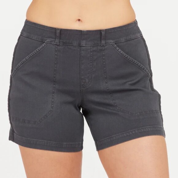 SPANX Washed Black Cotton Twill Side Stripe Shorts Size Medium - Picture 1 of 12
